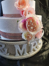 Load image into Gallery viewer, Mr &amp; Mrs cake stand-Pearl and REAL CRYSTAL stones. wedding cake stand + lights + personalised by Crystal wedding uk
