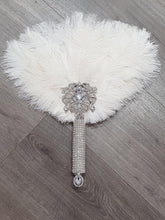 Load image into Gallery viewer, Ostrich Feather Fan, silver bouquet. luxury Bridal Ostrich Feather Fan, Bridal Bouquet, Great Gatsby wedding style. Any colour
