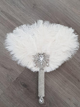 Load image into Gallery viewer, Ostrich Feather Fan, silver bouquet. luxury Bridal Ostrich Feather Fan, Bridal Bouquet, Great Gatsby wedding style. Any colour
