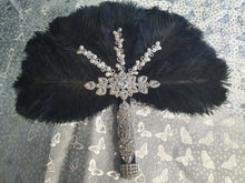 Load image into Gallery viewer, Black Feather Fan wedding bouquet, Ostrich feather crystal hand fan bouquet by Crystal wedding uk
