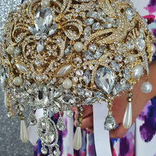Load image into Gallery viewer, Gold Crystal cascade brooch bouquet, jewel bouquet, alternative Great Gatsby style wedding flowers. by Crystal wedding uk
