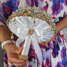 Load image into Gallery viewer, Gold Crystal cascade brooch bouquet, jewel bouquet, alternative Great Gatsby style wedding flowers. by Crystal wedding uk
