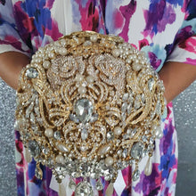 Load image into Gallery viewer, Gold Crystal cascade brooch bouquet, jewel bouquet, alternative Great Gatsby style wedding flowers. by Crystal wedding uk

