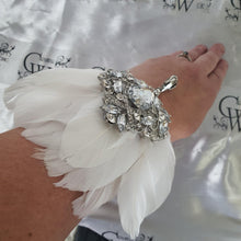 Load image into Gallery viewer, Feather wrist corsage,The Great Gatsby 1920's feather rhinestone brooch.
