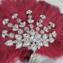 Load image into Gallery viewer, Burgundy wine feather fan bouquet, Great Gatsby wedding style 1920&#39;s - any colour as custom made by Crystal wedding uk
