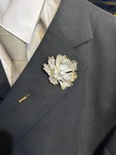 Load image into Gallery viewer, White gold flower Brooch Groom usher small Boutonniere. Alternative flower lily,Wedding Buttonhole Pin. Boutonnière by Crystal wedding uk
