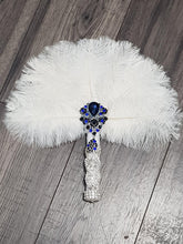 Load image into Gallery viewer, Feather Fan bouquet, custom brooch bridal fan. Great Gatsby wedding style 1920&#39;s by Crystal wedding uk
