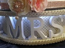 Load image into Gallery viewer, Mr &amp; Mrs cake stand-Pearl and REAL CRYSTAL stones. wedding cake stand + lights + personalised by Crystal wedding uk

