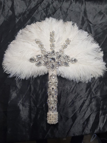 White Feather Fan ,wedding hand fan bouquet bridal Ostrich feather bouquet, Gatsby by Crystal wedding uk