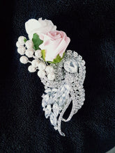 Load image into Gallery viewer, Crystal brooch buttonhole with Pearls &amp; Foam roses by Crystal wedding uk
