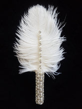 Load image into Gallery viewer, Feather buttonhole Boutonnière, Crystal rhinestone &amp; pearl for jacket lapel Great Gatsby wedding style -ANY COLOUR by Crystal wedding uk
