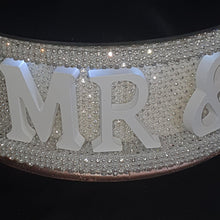 Load image into Gallery viewer, Mr &amp; Mrs + personalised with wedding date- REAL CRYSTAL stones covered wedding cake stand + lights by Crystal wedding uk
