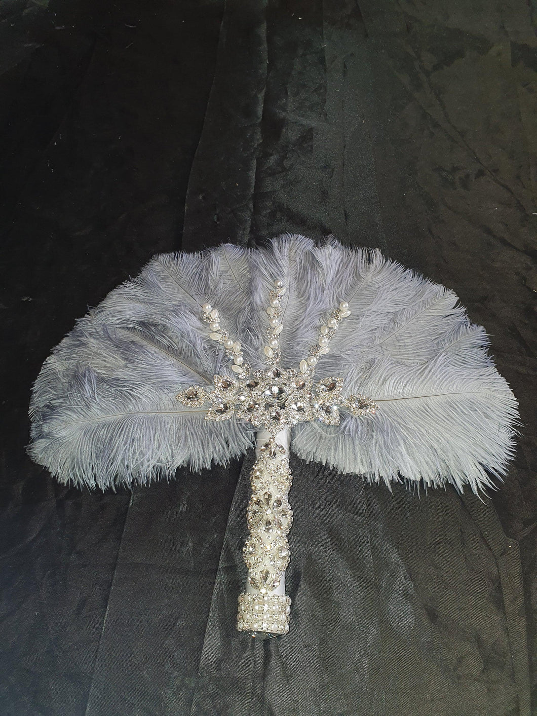Feather Fan wedding bouquet, grey Ostrich feather bouquet or matching boutonniere by Crystal wedding uk