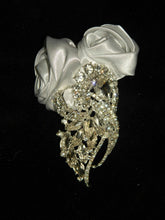 Load image into Gallery viewer, Ava brooch satin rose buttonhole by Crystal wedding uk
