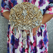 Load image into Gallery viewer, Gold Crystal cascade brooch bouquet, jewel bouquet, alternative Great Gatsby style wedding flowers. by Crystal wedding uk
