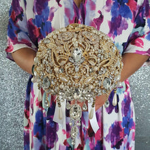 Load image into Gallery viewer, Gold Crystal cascade brooch bouquet, jewel bouquet, alternative Great Gatsby style wedding flowers. by Crystal wedding uk
