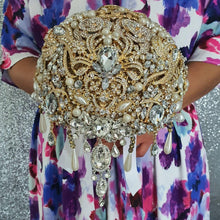 Load image into Gallery viewer, Gold Crystal cascade brooch bouquet, jewel bouquet, alternative Great Gatsby style wedding flowers. by Crystal wedding uk
