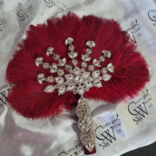 Load image into Gallery viewer, Burgundy wine feather fan bouquet, Great Gatsby wedding style 1920&#39;s - any colour as custom made by Crystal wedding uk
