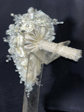 Load image into Gallery viewer, Ivory flower bouquet, rhinestone bridal flowers , any colour satin roses and pearls Luxury brides bouquet by Crystal Wedding UK
