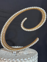 Load image into Gallery viewer, Ivory pearl Letter 6&quot; monogram letter, GOLD BASE, rhinestone Cake Topper decor, Wedding rhinestone jewel letter cake decorations.

