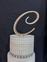 Load image into Gallery viewer, Ivory pearl Letter 6&quot; monogram letter, GOLD BASE, rhinestone Cake Topper decor, Wedding rhinestone jewel letter cake decorations.
