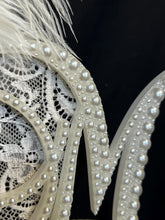 Load image into Gallery viewer, PEARL monogram cake topper 6&quot; Letter linitial topper, Lace and pearl Wedding Gatsby 1902&#39;S style topper, jewel letters decorations surname

