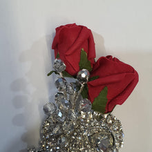 Load image into Gallery viewer, Crystal brooch buttonhole with crystals &amp; Foam roses by Crystal wedding uk
