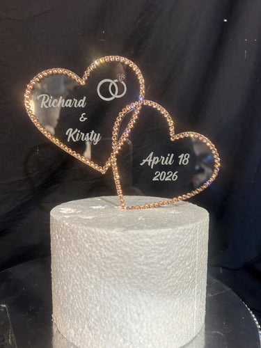 Rose gold Crystal heart Cake topper, perdonalised 6'' [ Entwined hearts -personalised cake topper bling cake topper [ rhinestone cake topper