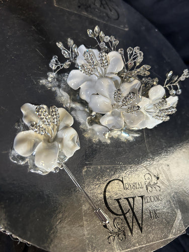 White flower wrist corsage and Boutonniere set wedding or Prom corsage. flower lily , Wedding Buttonhole Boutonnière by Crystal wedding uk