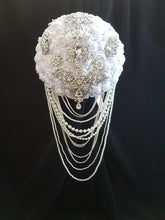 Load image into Gallery viewer, Crystal and pearl brooch bouquet with pearl &amp; rhinestone drape by Crystal wedding uk
