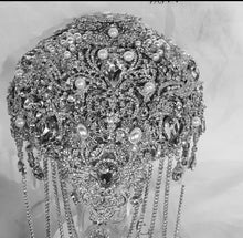 Load image into Gallery viewer, Silver Brooch bouquet, Jewel crystal wedding bouquet. Crystal Bridal Brooch Bouquet, cascade Jewel bouquet by Crystal wedding uk
