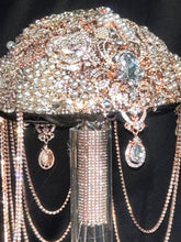 Load image into Gallery viewer, Rose Gold Crystal Brooch Wedding Bouquet: Handmade Jewel Cascade
