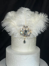 Load image into Gallery viewer, Vintage Ostrich Feather Cake Topper, Rhinestone Brooch, 1920s Gatsby Decor
