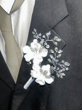 Load image into Gallery viewer, White Flower Rhinestone Wedding Boutonniere: Silver Ribbon Stem
