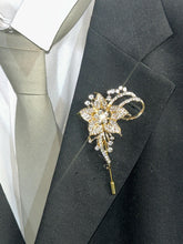 Load image into Gallery viewer, Crystal Flower Groom Boutonniere: Silver Wedding Lapel Pin
