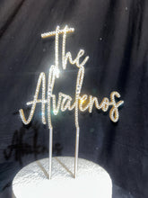 Load image into Gallery viewer, Personalized Crystal Wedding Cake Topper: Gold Rhinestone ' THE' - your Surname, Last name topper
