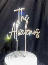 Load image into Gallery viewer, Personalized Crystal Wedding Cake Topper: Gold Rhinestone ' THE' - your Surname, Last name topper
