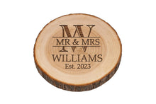 Load image into Gallery viewer, Personalised Engraved Wood Slice, Rustic Wedding Cake Stand
