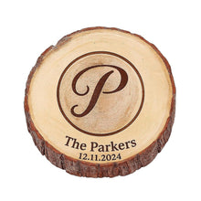 Load image into Gallery viewer, Personalised Engraved Wood Slice, Rustic Wedding Cake Stand
