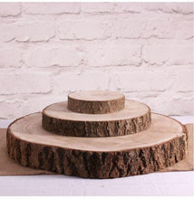 Load image into Gallery viewer, Personalised Engraved Wood Slice, Rustic Wedding Cake Stand

