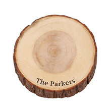 Load image into Gallery viewer, Personalized log Slice Cake Stand, Engraved Rustic wooden Wedding Display stand, Personalised Engraved log Slice, Engagment Dessert Board
