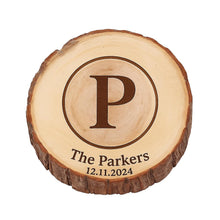 Load image into Gallery viewer, Personalised Engraved Wood Slice, Rustic Wedding Cake Stand
