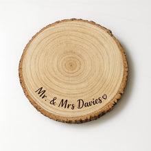 Load image into Gallery viewer, Personalised Engraved Wood Slice, Rustic Wedding Cake Stand
