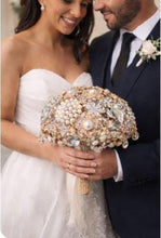 Load image into Gallery viewer, Gold brooch bouquet. Luxury Crystal pearl &amp; Brooch Bridal Bouquet
