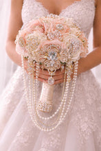 Load image into Gallery viewer, Bridal blush brooch pearl flower bouquet, rhinestone bridal flowers by crystal wedding UK
