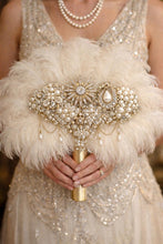 Load image into Gallery viewer, Gold Bridal brooch Bouquet. Ostrich Big Feather Fan Bridal Bouquet white Great Gatsby 1920s Art deco wedding Roaring 1920's bouquet
