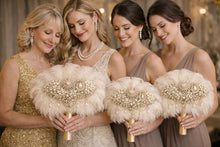 Load image into Gallery viewer, Gold Bridal brooch Bouquet. Ostrich Big Feather Fan Bridal Bouquet white Great Gatsby 1920s Art deco wedding Roaring 1920's bouquet
