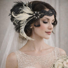 Load image into Gallery viewer, black ivory and Headband, The Great Gatsby Headband 1920s Flapper Feather Headband headpiece Gold, Champagne rhinestone Fascinator Hair Clip

