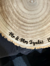 Load image into Gallery viewer, Personalized Wood Slice Cake Stand, Engraved Rustic Wedding Display stand, Personalised Engraved log Slice, Engagment Dessert Display Board
