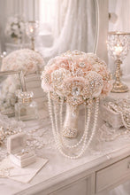 Load image into Gallery viewer, Bridal blush brooch pearl flower bouquet, rhinestone bridal flowers by crystal wedding UK
